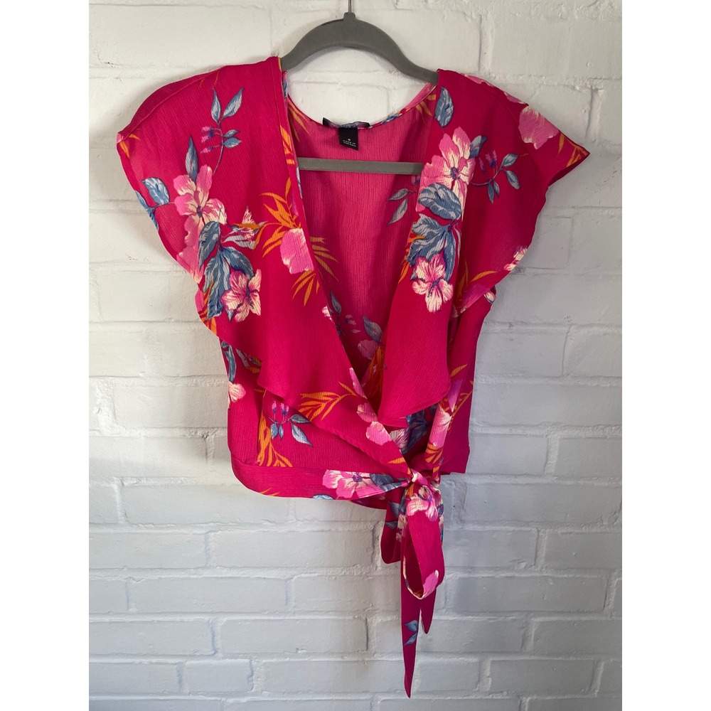 A. Byer Womens Fuchsia Pink Tropical Floral Wrap‎ Top Side Tie V-Neck Small